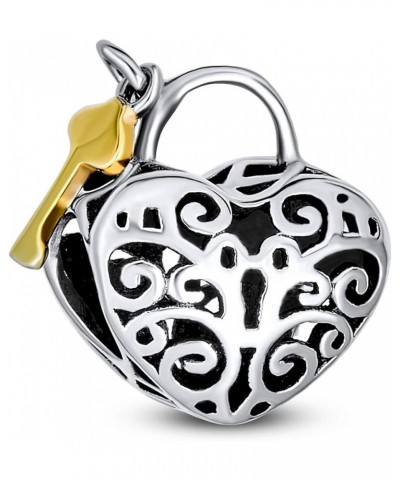 Vintage Two Tone Heart Shape Valentine Lovers Couple Filigree Lock & Key Charm Bead For Women Girlfriend 14K Gold Plated .925...