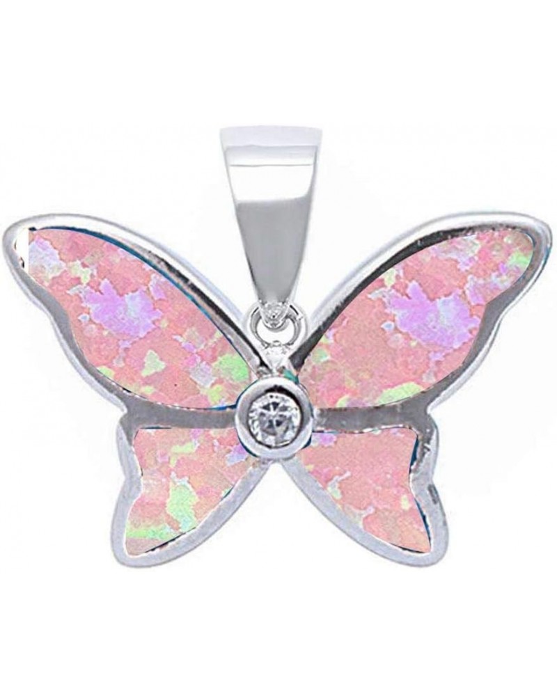 Simulated Opal Cubic Zirconia Butterfly Pendant Sterling Silver (Comes in Colors) Pink $10.57 Necklaces