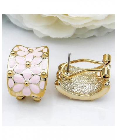 18k Gold Plated Square Rainbow Colorful Enamel Leaves Flower Omega Back Earrings Light Pink $9.68 Earrings