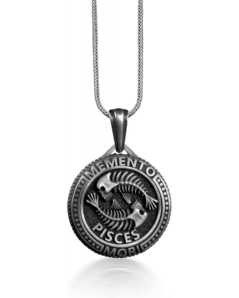 Pisces Memento Mori Coin Necklace For Husband, Silver Zodiac Coin Necklace in Gothic, Fish Skeleton Necklace For Dad, Horosco...