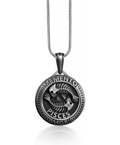 Pisces Memento Mori Coin Necklace For Husband, Silver Zodiac Coin Necklace in Gothic, Fish Skeleton Necklace For Dad, Horosco...