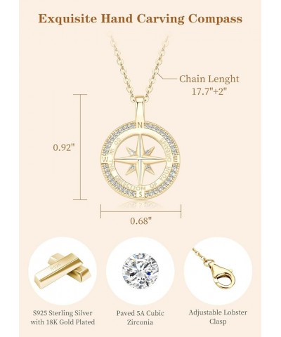 Compass Necklace for Women Girls, 925 Sterling Silver with 18K White Gold/ Gold Plating Compass Pendant Jewelry Cubic Zirconi...