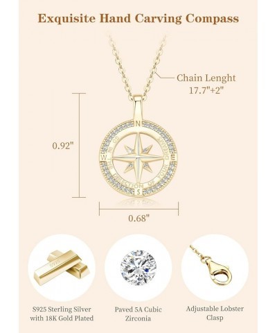 Compass Necklace for Women Girls, 925 Sterling Silver with 18K White Gold/ Gold Plating Compass Pendant Jewelry Cubic Zirconi...