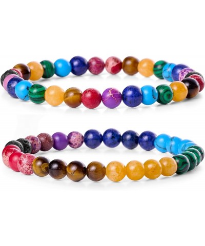 Natural Gem Semi Precious Reiki Healing Crystals Handmade 8mm Round Beads Stretch Bracelet 6mm beads(Chakras + Lava Stone) Me...