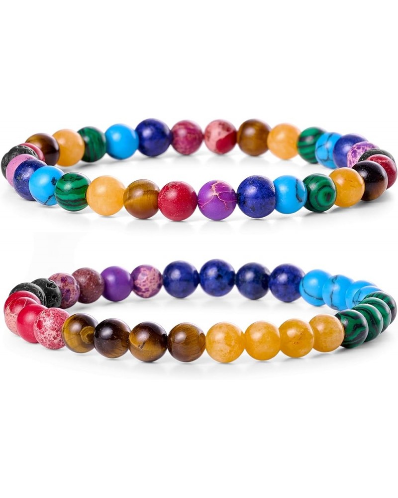 Natural Gem Semi Precious Reiki Healing Crystals Handmade 8mm Round Beads Stretch Bracelet 6mm beads(Chakras + Lava Stone) Me...