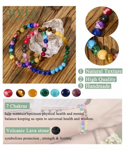 Natural Gem Semi Precious Reiki Healing Crystals Handmade 8mm Round Beads Stretch Bracelet 6mm beads(Chakras + Lava Stone) Me...