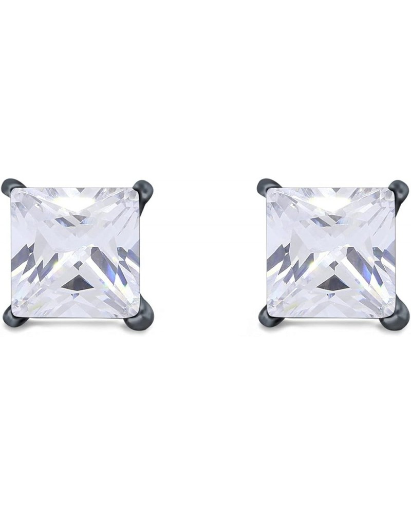 Solitaire Stud Earrings Princess Cut Simulated Cubic Zirconia 925 Sterling Silver (4mm-10mm) Black Tone, Simulated Cubic Zirc...