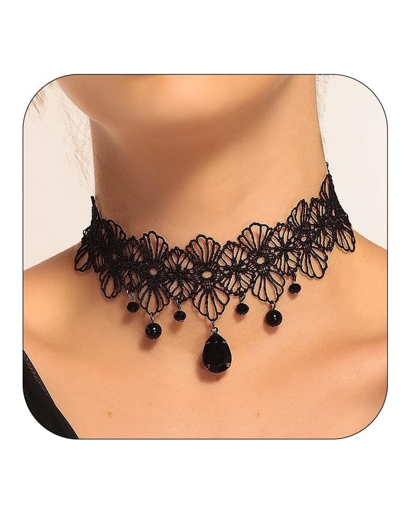 Gothic Black Lace Crystal Choker Necklace Sexy Gemstone Pendant Neck Chain Halloween Costume Jewelry for Women Girls style 7 ...