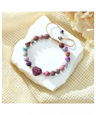 Natural Stone | Pinkish Purple Emperor Jasper Bracelets, Heart Charm Bracelets for Women Girls Birthday Christmas Gifts for M...