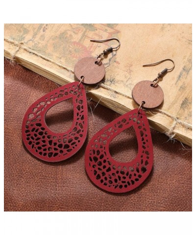 Vintage Hollow Out Geometric Wooden Leather Earrings for Women Girls Lightweight Ethnic Teardrop Dangle Earrings Boho Stateme...