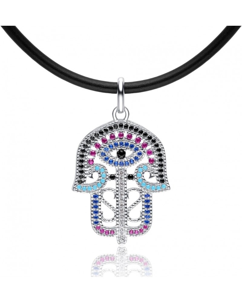 Coloured Crystals Filigree Hamsa Hand Charm Pendant Necklace Jewelry Gift for Women or Girls White Gold Tone $10.19 Necklaces