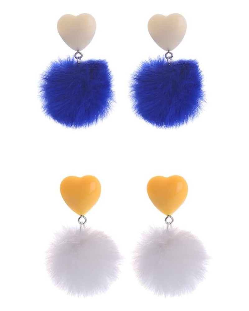 2 Pairs Pom Pom Heart Earrings Faux Fur Ball Heart Stud Earrings Love Heart Pom Pom Drop Earrings Colorful Pom Ball Tassel Da...