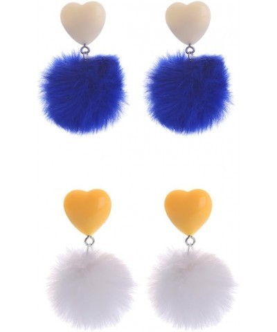 2 Pairs Pom Pom Heart Earrings Faux Fur Ball Heart Stud Earrings Love Heart Pom Pom Drop Earrings Colorful Pom Ball Tassel Da...