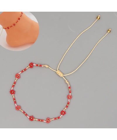 Beads Ankle Bracelet For Women Bohemian Trendy Glass Beads Daisy Flowers Chain Handmade Holiday Jewelry Red $6.95 Anklets