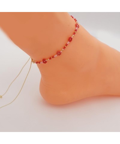 Beads Ankle Bracelet For Women Bohemian Trendy Glass Beads Daisy Flowers Chain Handmade Holiday Jewelry Red $6.95 Anklets