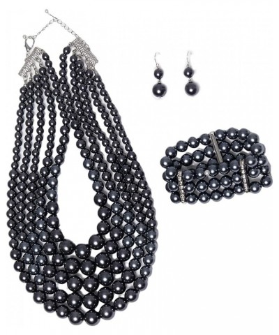 Multi Layer Pearl Strand Costume Jewelry Sets Necklace Bracelet and Earrings Jewelry Set Black $11.99 Jewelry Sets