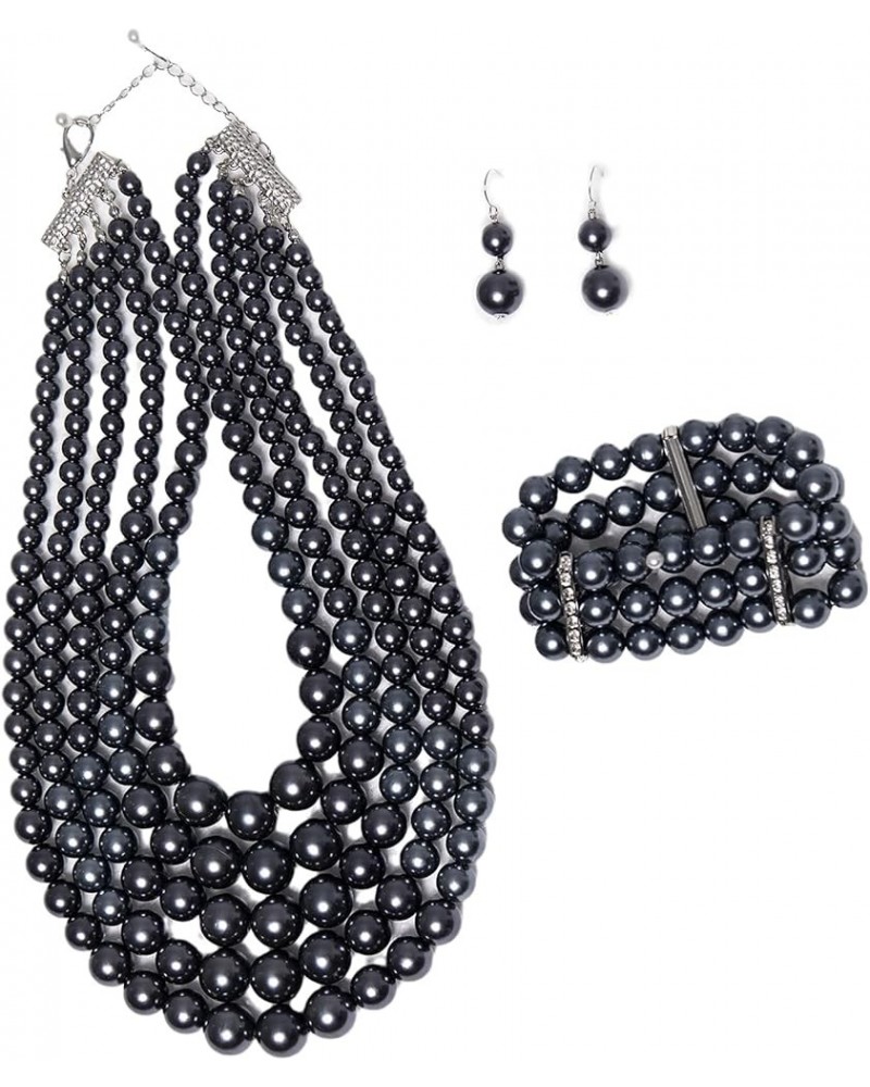 Multi Layer Pearl Strand Costume Jewelry Sets Necklace Bracelet and Earrings Jewelry Set Black $11.99 Jewelry Sets