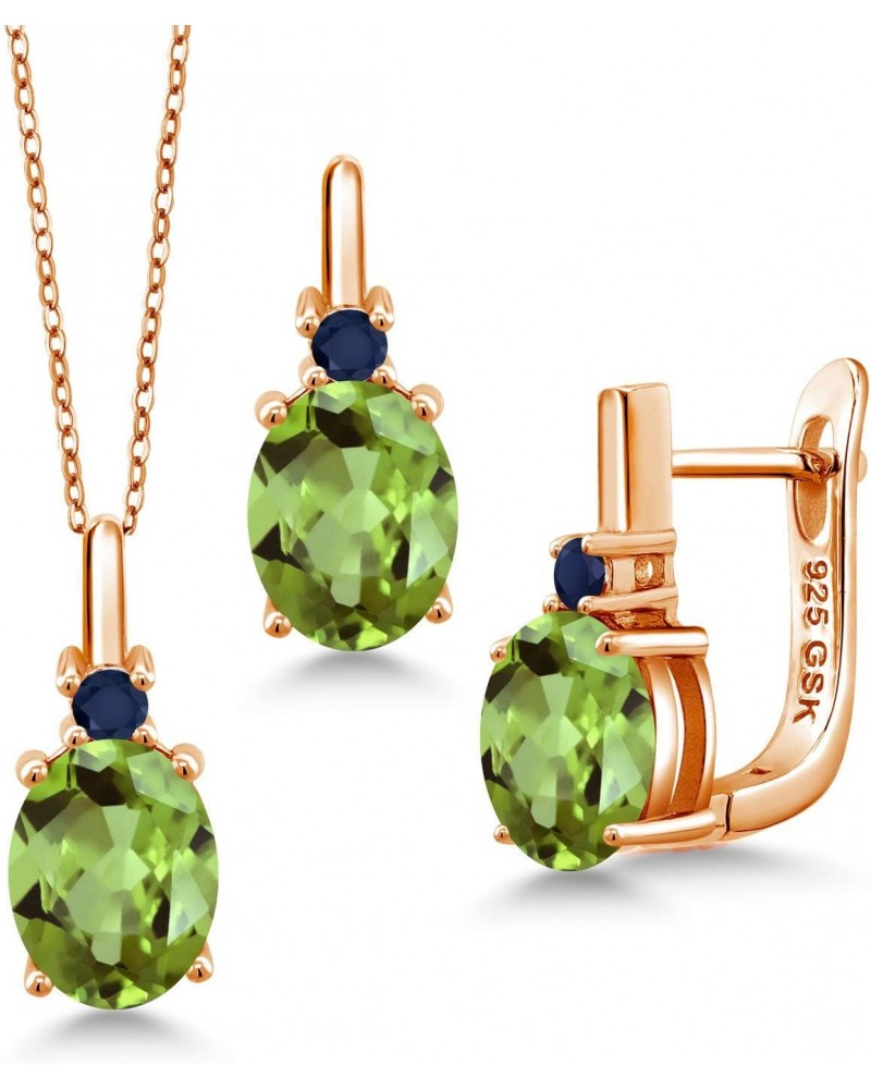 18K Rose Gold Plated Silver Green Peridot Blue Sapphire Pendant and Earrings Jewelry Set For Women (4.13 Cttw, Gemstone Birth...