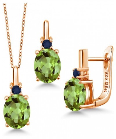 18K Rose Gold Plated Silver Green Peridot Blue Sapphire Pendant and Earrings Jewelry Set For Women (4.13 Cttw, Gemstone Birth...