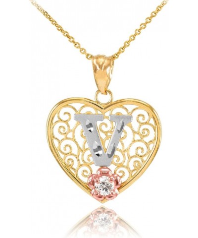 14k Tri-Tone Gold Filigree Heart with CZ Flower Initial Letter Pendant Necklace, 18 V $100.79 Necklaces