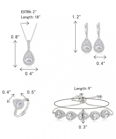 Wedding Bridal Cubic Zirconia Teardrop Pendant Necklace Open Ring Dangle Earrings Adjustable Slider Bracelet Silver Jewelry S...