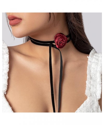 Vintage Black Velvet Wrap Choker Necklace with Flower Long Rope Tassel Tie Necklace Elegant Satin Artificial Rose Necklace fo...