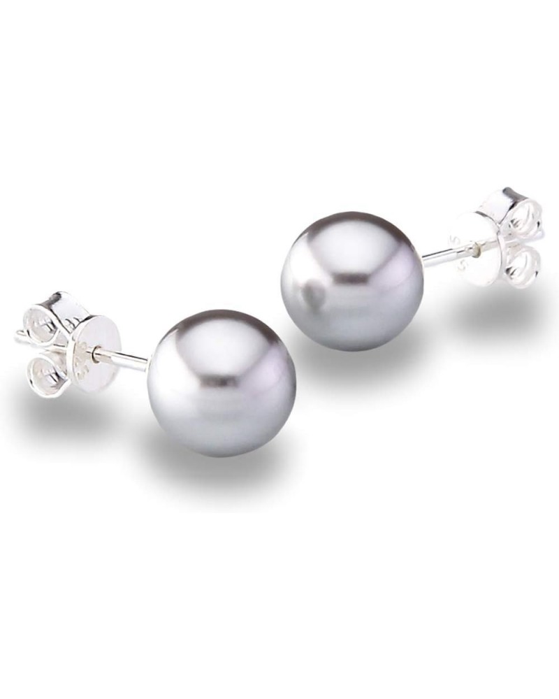 Genuine Fine European Crystal 8mm Round Simulated Pearl S925 Solid Sterling Silver Stud Earrings For Women Crystal Light Grey...