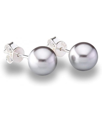 Genuine Fine European Crystal 8mm Round Simulated Pearl S925 Solid Sterling Silver Stud Earrings For Women Crystal Light Grey...