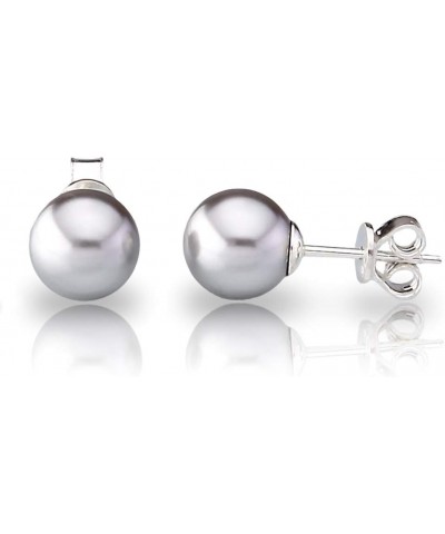 Genuine Fine European Crystal 8mm Round Simulated Pearl S925 Solid Sterling Silver Stud Earrings For Women Crystal Light Grey...