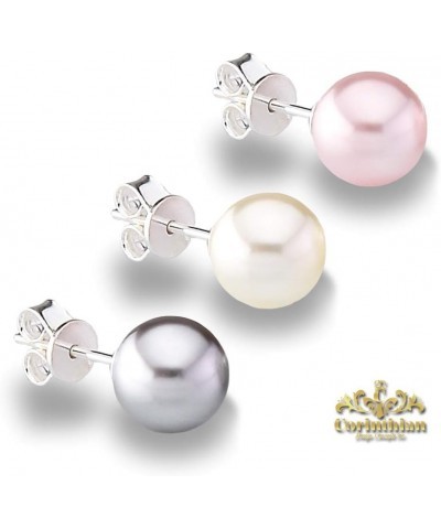 Genuine Fine European Crystal 8mm Round Simulated Pearl S925 Solid Sterling Silver Stud Earrings For Women Crystal Light Grey...