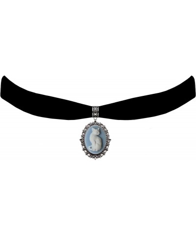 Black Velvet Choker Gothic Steampunk Blue White Cat Cameo Pendant Necklace $11.61 Necklaces