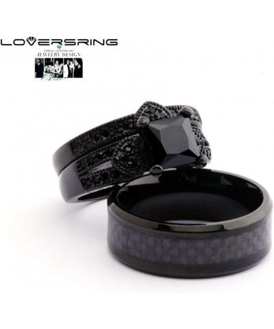 His and Hers Couple Ring Bridal Set His Hers Women Black Gold Filled Square Cz Man Tungsten Carbide Wedding Ring Band Set wom...