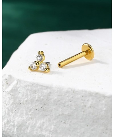 18K Gold Plated Triple CZ Threadless Flat Back Earrings Stud 16g Gold Tragus Helix Conch Cartilage Stud Earrings 6mm 8mm Cart...