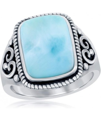 Filigree Design with Natural Larimar Gemstone Rectangle/Oval/Pear-Shaped Oxidized Antique Ring Sterling Silver Jewelry for Wo...