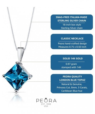 14K White Gold London Blue Topaz Pendant for Women, 3 Carats Princess Cut 8mm, AAA Grade Natural Gemstone Birthstone $50.24 N...