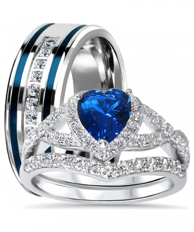 His Hers Sterling Blue Sapphire CZ Bridal Wedding Band Engagement Ring Set Him Her Thin Blue Line Her 10 - His 9 $42.75 Sets