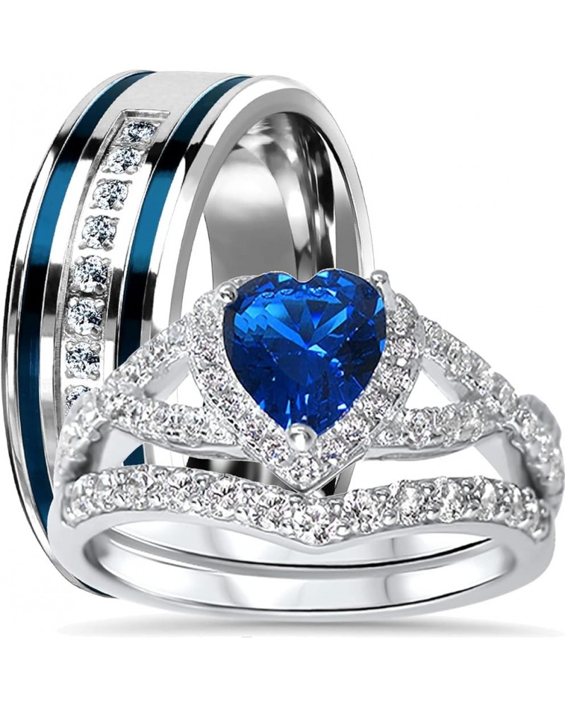 His Hers Sterling Blue Sapphire CZ Bridal Wedding Band Engagement Ring Set Him Her Thin Blue Line Her 10 - His 9 $42.75 Sets