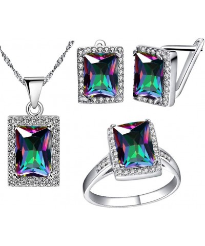 Women's Fashion Created Mystic Topaz Big Emerald Cut Pendant Necklace Clip on Stud Earrings Solitaire Ring Set Rainbow Crysta...