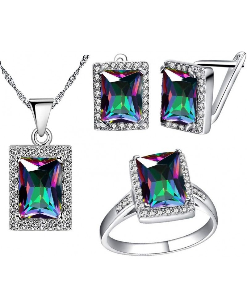 Women's Fashion Created Mystic Topaz Big Emerald Cut Pendant Necklace Clip on Stud Earrings Solitaire Ring Set Rainbow Crysta...