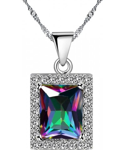 Women's Fashion Created Mystic Topaz Big Emerald Cut Pendant Necklace Clip on Stud Earrings Solitaire Ring Set Rainbow Crysta...