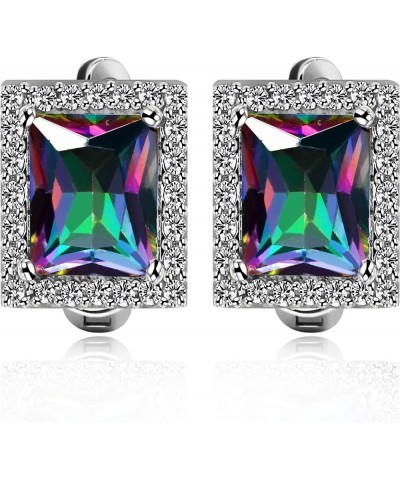 Women's Fashion Created Mystic Topaz Big Emerald Cut Pendant Necklace Clip on Stud Earrings Solitaire Ring Set Rainbow Crysta...