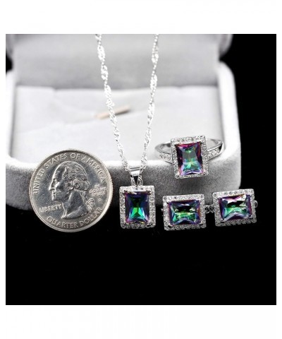 Women's Fashion Created Mystic Topaz Big Emerald Cut Pendant Necklace Clip on Stud Earrings Solitaire Ring Set Rainbow Crysta...