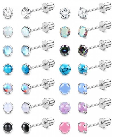 14Pairs Hypoallergenic Flat Back Stud Earrings for Women Men Surgical Steel Screw Back Tiny CZ Opal Moonstone Turquoise Screw...