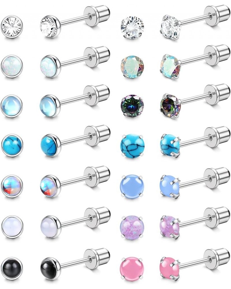 14Pairs Hypoallergenic Flat Back Stud Earrings for Women Men Surgical Steel Screw Back Tiny CZ Opal Moonstone Turquoise Screw...