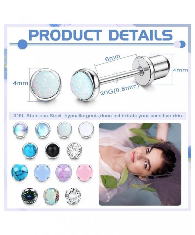 14Pairs Hypoallergenic Flat Back Stud Earrings for Women Men Surgical Steel Screw Back Tiny CZ Opal Moonstone Turquoise Screw...