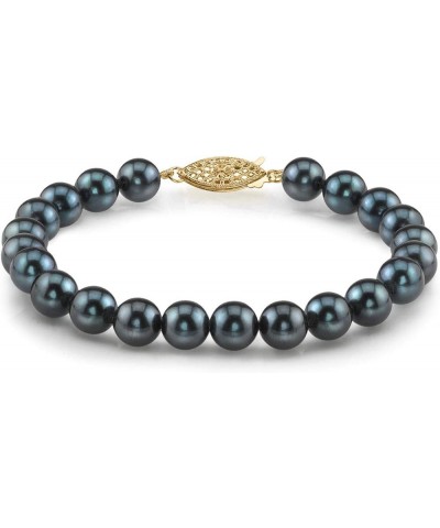 14K Gold 7-7.5mm Round Black Japanese Akoya Saltwater Cultured Pearl Bracelet for Women Yellow Gold 7.0 Inches $89.76 Bracelets