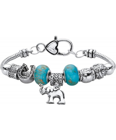 PalmBeach Antiqued Silver Tone Bali Style Elephant Charm Blue Beaded Bracelet (10mm) 7.5 $10.43 Bracelets