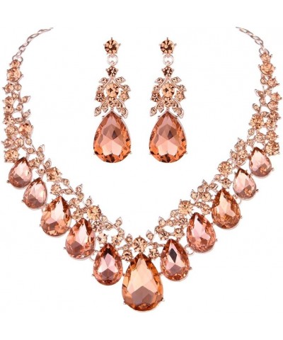 Youfir Bridal Rhinestone Crystal V-Shaped Teardrop Wedding Necklace and Earring Jewelry Sets for Brides Formal Dress Peach- R...