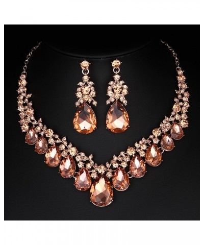 Youfir Bridal Rhinestone Crystal V-Shaped Teardrop Wedding Necklace and Earring Jewelry Sets for Brides Formal Dress Peach- R...