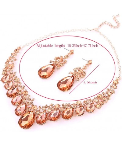 Youfir Bridal Rhinestone Crystal V-Shaped Teardrop Wedding Necklace and Earring Jewelry Sets for Brides Formal Dress Peach- R...